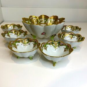 Antique 7 Pc Nippon Hand Painted Moriage Style 3 Footed Fluted Scalloped Bowls